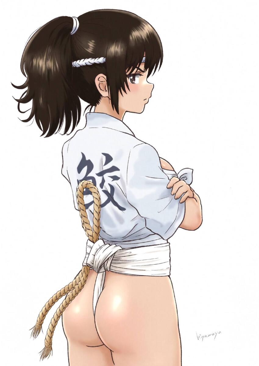 1girl ass black_hair blush breasts brown_eyes closed_mouth crossed_arms fundoshi girls_und_panzer hiyama_yuu_(wee259hiyama) japanese_clothes large_breasts long_hair looking_at_viewer looking_back murakami_(girls_und_panzer) ponytail signature simple_background solo white_background