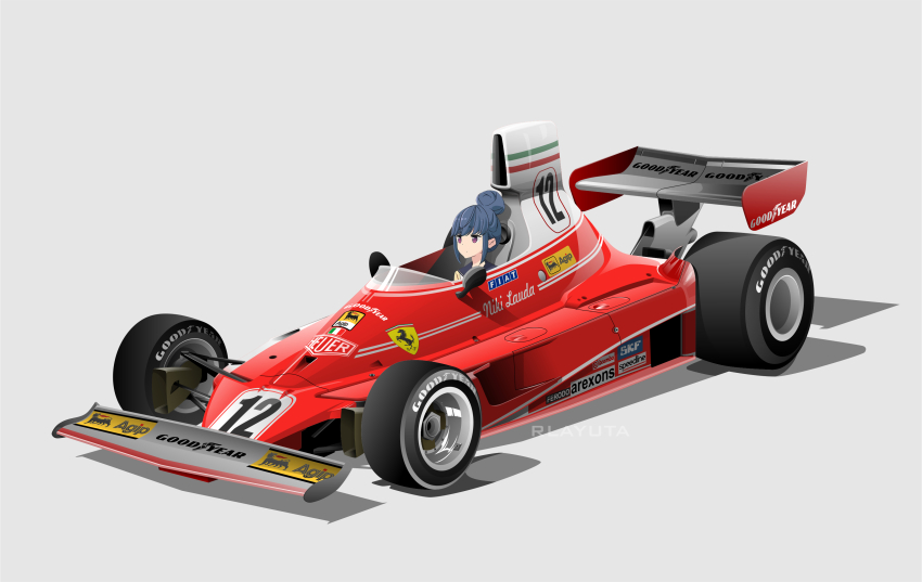 1girl absurdres artist_name black_shirt blue_hair brembo car ferrari fiat formula_one formula_racer goodyear grey_background hair_behind_ear hair_bun highres italian_flag logo motor_vehicle purple_eyes race_vehicle racecar rlayuta shadow shima_rin shirt simple_background single_hair_bun spoiler_(automobile) sponsor vehicle_focus yurucamp