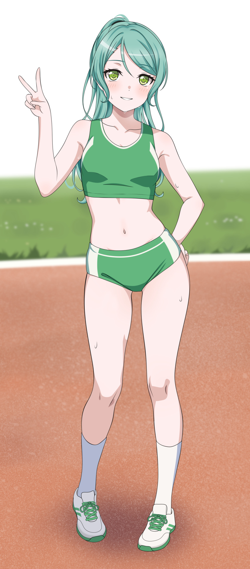 1girl absurdres aqua_hair bang_dream! blush breasts buruma collarbone commentary commission day english_commentary fries_vanquisher full_body green_buruma green_eyes green_sports_bra hand_on_own_hip hand_up highres hikawa_sayo long_hair looking_at_viewer medium_breasts navel open_mouth outdoors pixiv_commission ponytail socks solo sports_bikini sports_bra standing stomach sweat sweater track_and_field v white_footwear white_socks
