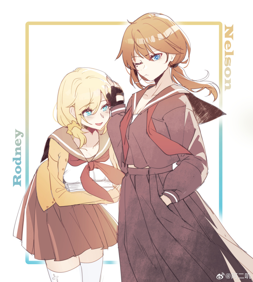 2girls absurdres aer_(tengqiu) alternate_costume black_gloves black_skirt blonde_hair blue_eyes book breasts brown_hair brown_skirt character_name english_text fingerless_gloves genderswap gloves hair_ornament hand_in_pocket highres holding holding_book leaning_forward long_hair long_skirt long_sleeves looking_at_viewer low_ponytail low_side_ponytail mole mole_under_eye multiple_girls neckerchief nelson_(warship_girls_r) one_eye_closed open_mouth pleated_skirt ponytail red_neckerchief rodney_(warship_girls_r) sailor_collar school_uniform serafuku shirt skirt smile thighhighs warship_girls_r watermark weibo_watermark