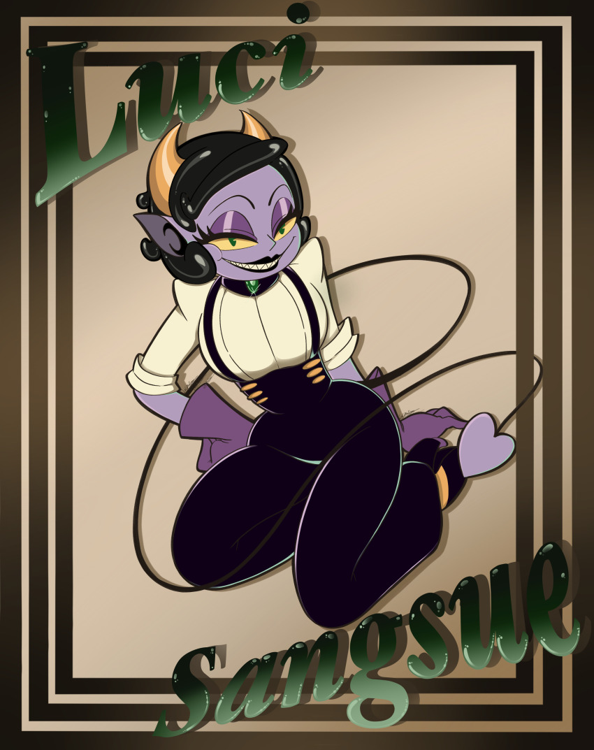 1930s_(style) 1girl absurdres arm_support artist_name black_collar black_lips black_pants black_suspenders border breasts buttons cartoonized character_name collar collared_shirt colored_sclera colored_skin cuphead_(game) demon_girl demon_horns demon_tail evil_grin evil_smile formal_clothes full_body gem glint gloves gold_border gold_horns gradient_background green_eyes green_gemstone grin hand_on_own_hip high-waist_pants high_heels highres horns large_breasts leech_girl lil-bobcatz looking_at_viewer luci_sangsue_(pearrosite) medium_hair original outside_border pac-man_eyes pants pointy_ears purple_gloves purple_skin purple_tail sharp_teeth shirt sitting sleeves_rolled_up smile solo suspender_pants swept_bangs tail teeth toon_(style) wariza white_shirt yellow_sclera