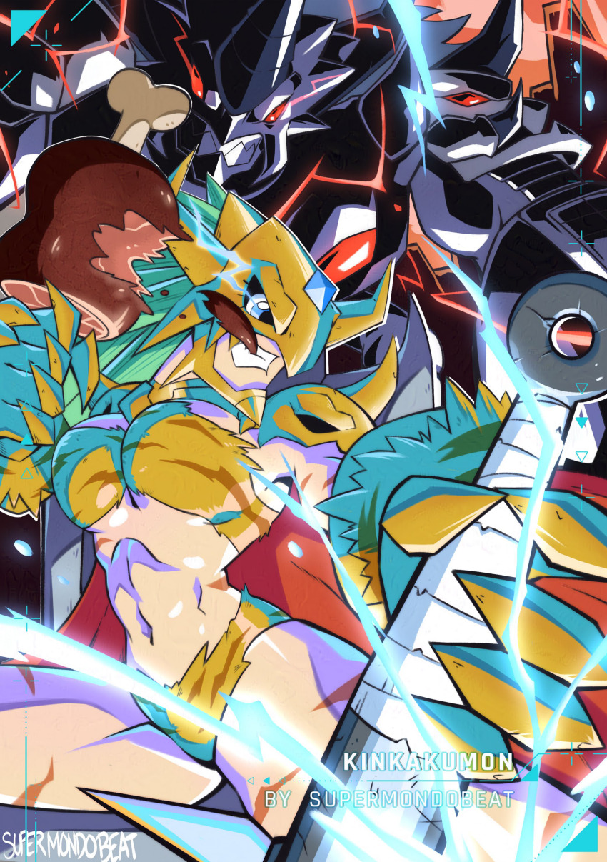 1boy 1girl absurdres digimon digimon_(creature) electricity ginkakumon highres kinkakumon mask muscular muscular_female sharp_teeth teeth