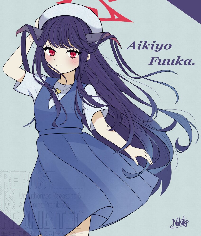1girl absurdres beret black_hair black_horns blue_archive blue_background blue_dress blush casual character_name closed_mouth commentary_request cowboy_shot demon_girl demon_horns dress eyebrows_hidden_by_hair eyelashes floating_clothes floating_hair fuuka_(blue_archive) fuuka_(casual)_(blue_archive) hair_on_horn halo hand_up hat heart_pendant highres horns long_hair looking_at_viewer official_alternate_costume red_eyes red_halo shirt short_sleeves sidelocks signature simple_background sleeveless sleeveless_dress smile solo split_mouth swept_bangs tanabata_natsuki very_long_hair watermark white_hat white_shirt wind