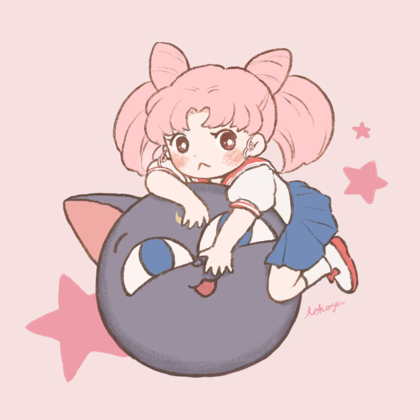 1girl :&lt; :3 artist_name bishoujo_senshi_sailor_moon bishoujo_senshi_sailor_moon_r black_cat blush bow bright_pupils cat chibi_usa closed_mouth commentary_request cone_hair_bun crescent dot_nose double_bun footwear_bow frown full_body hair_bun head_only long_hair looking_at_viewer luna_(sailor_moon) lying lying_on_animal lying_on_cat on_stomach parted_bangs pink_background pink_eyes pink_hair pleated_skirt red_bow red_footwear red_sailor_collar sailor_collar shirt short_sleeves simple_background skirt sleeve_cuffs star_(symbol) tokoyu tongue tongue_out twintails two-tone_footwear white_footwear white_pupils white_shirt