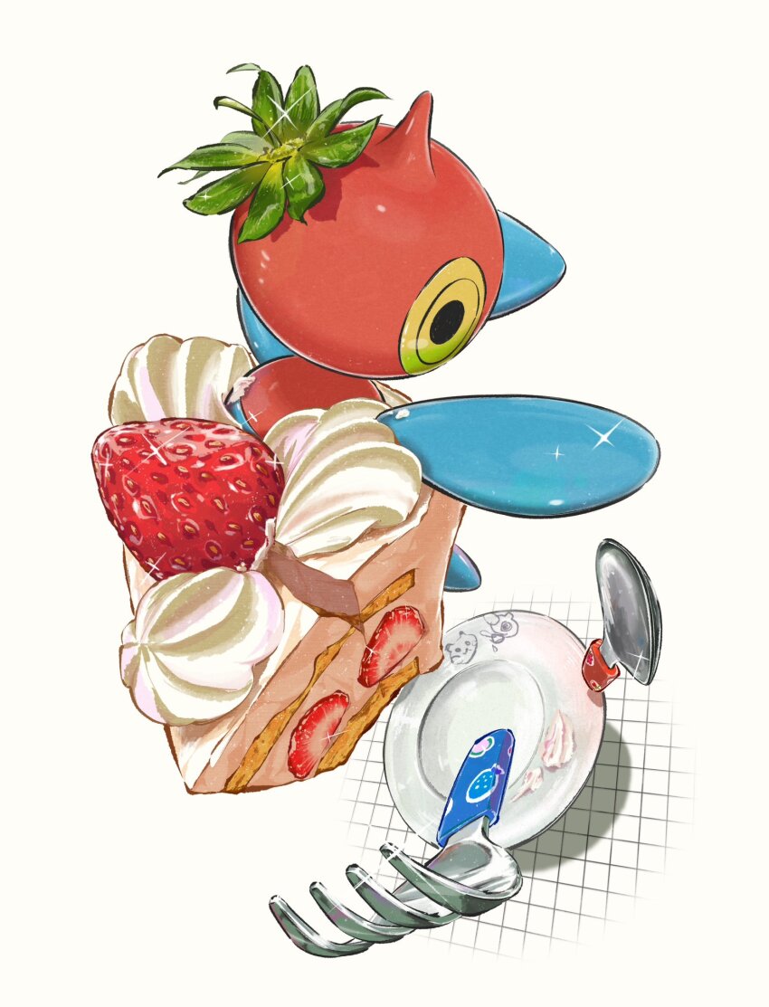 cake cake_slice commentary_request food fork fruit gen_4_pokemon highres komugicorn nintendo no_humans plate pokemon pokemon_(creature) pokemon_focus porygon-z solo sparkle spoon strawberry white_background yellow_eyes