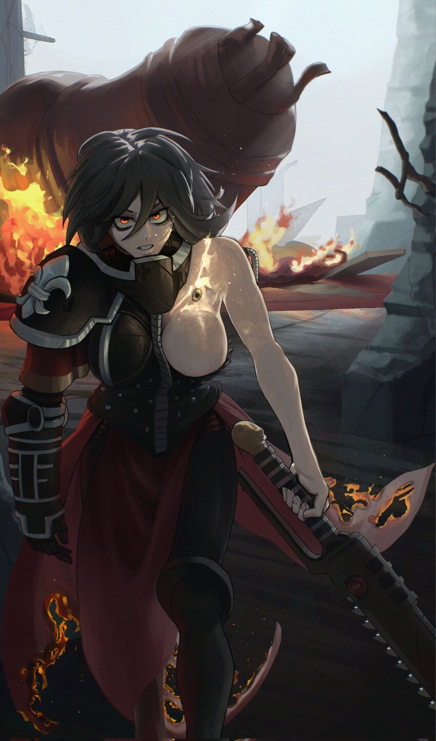 1girl adepta_sororitas armor bags_under_eyes battle_damage black_armor black_hair boobplate breastplate breasts burning_clothes chainsword commentary crazy_eyes english_commentary fire gauntlets hair_between_eyes highres holding holding_sword holding_weapon large_breasts leg_armor long_hair nijik no_headwear one_breast_out orange_eyes pale_skin pauldrons red_skirt shoulder_armor side_slit single_gauntlet single_pauldron skirt solo sword torn_clothes torn_skirt veins veiny_arms veiny_breasts warhammer_40k weapon