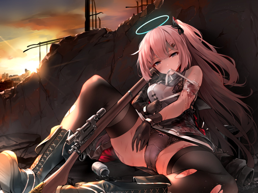 1girl ambriel_(arknights) arknights ass bandaged_arm bandages bare_shoulders black_boots black_gloves black_jacket black_thighhighs bolt_action boots bottle breasts breath bruise cameltoe crotch_seam gloves grey_panties grey_shirt gun half-closed_eyes halo highres injury jacket knee_up lee-enfield long_hair long_sleeves looking_at_viewer medium_breasts mouth_hold one_side_up outdoors panties pink_hair purple_eyes rifle ruins scope shirt sleeveless sleeveless_shirt sniper_rifle solo sunlight thighhighs thighs torn_clothes torn_shirt torn_thighhighs twilight underwear upper usuki_(graygreed) weapon