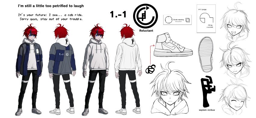 1boy absurdres antenna_hair black_pants concept_art full_body highres hood hoodie komatsuzaki_rui long_sleeves looking_at_viewer multiple_expressions multiple_views official_art pants purple_eyes red_hair reference_sheet shoes short_hair simple_background standing sumino_takumi the_hundred_line_-last_defense_academy-