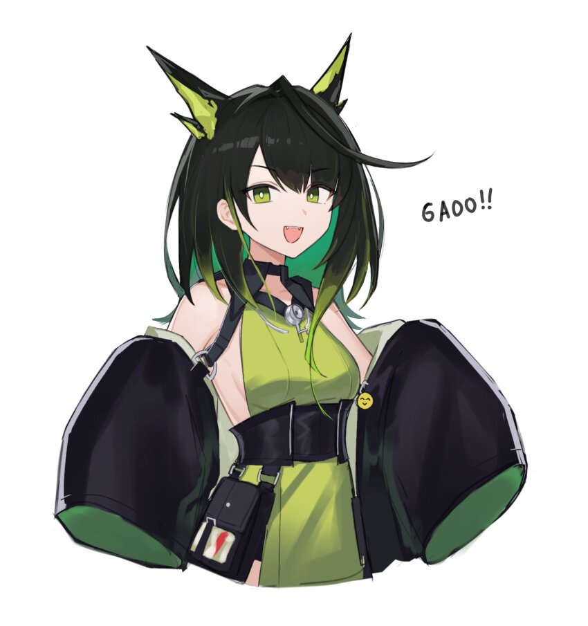 1girl :d ahoge arknights bajigurr bare_shoulders black_hair breasts bright_pupils colored_inner_hair cropped_torso emoji gao green_eyes green_hair highres huge_ahoge long_hair looking_at_viewer medium_breasts mon3tr_(arknights) multicolored_hair open_mouth romaji_commentary sideboob simple_background sleeves_past_fingers sleeves_past_wrists smile solo sound_effects white_background white_pupils