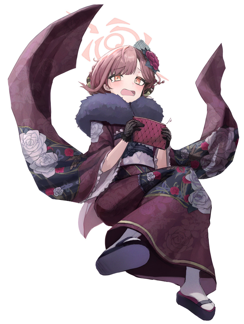 1girl absurdres aru_(blue_archive) aru_(new_year)_(blue_archive) black_gloves blue_archive blush brown_hair flower full_body fur-trimmed_kimono fur_scarf fur_trim gabang gloves hair_flower hair_ornament halo highres holding japanese_clothes kimono lace lace_gloves looking_at_viewer medium_hair official_alternate_costume open_mouth print_kimono purple_halo purple_kimono sandals sash simple_background socks solo tears white_background white_socks wide_sleeves yellow_eyes