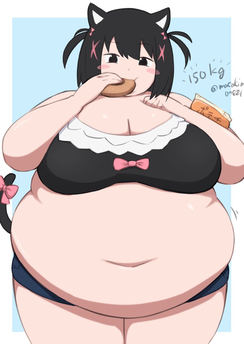 1girl animal_ears big_belly black_eyes black_hair black_shirt blush bow breasts cat_ears cat_tail cleavage crop_top eating fat fat_woman hair_bow hair_ornament hairclip hand_on_own_chest highres large_breasts masakin midriff navel nekomimi_bishoujo_kyarakuta_ni_gohan_o_ageta_futora_seru_dake obese pink_bow shirt short_shorts short_twintails shorts solo standing tail tail_bow tail_ornament thick_thighs thighs twintails