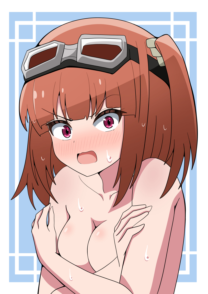 1girl absurdres blush breasts brown_hair covering_breasts covering_privates goggles goggles_on_head hair_ornament hair_scrunchie highres hoshikuzu_telepath kurogamito4646 medium_breasts medium_hair nude open_mouth pink_eyes raimon_matataki scrunchie solo twintails upper_body wet wet_hair