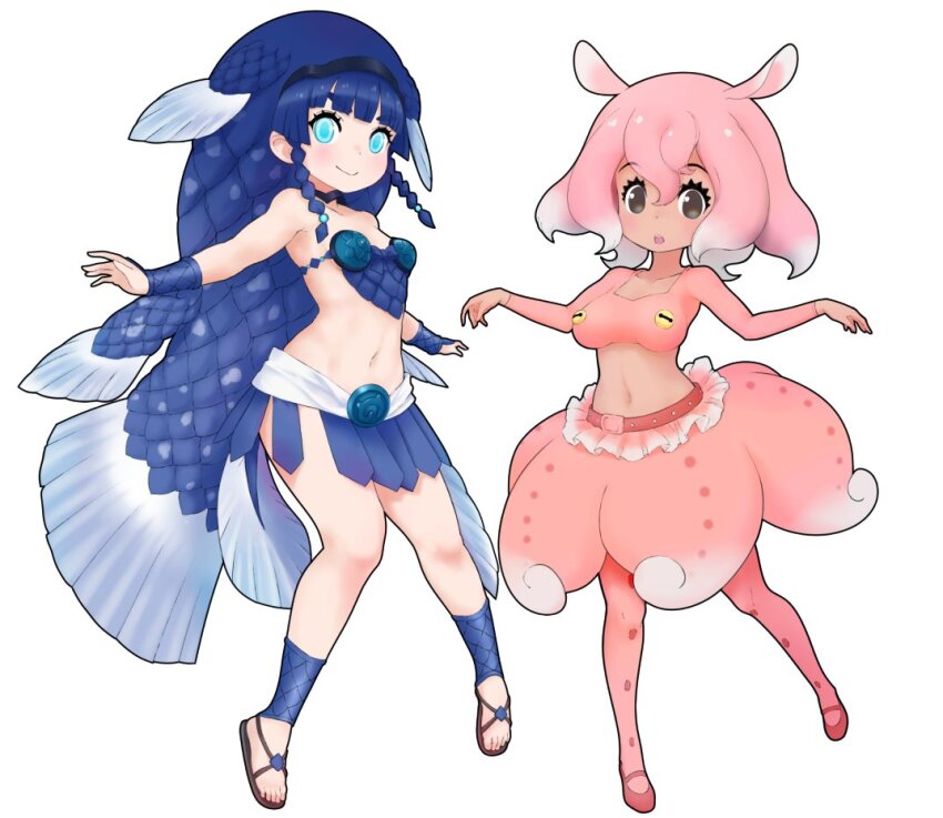 2girls armor bikini_armor black_eyes blue_eyes blue_hair choker coelacanth_(kemono_friends) fins fish_girl fish_tail head_fins ise_(0425) japanese_pancake_devilfish_(kemono_friends) kemono_friends long_hair looking_at_viewer multiple_girls navel pantyhose pink_hair sandals sarong shirt shoes short_hair simple_background skirt tail wristband