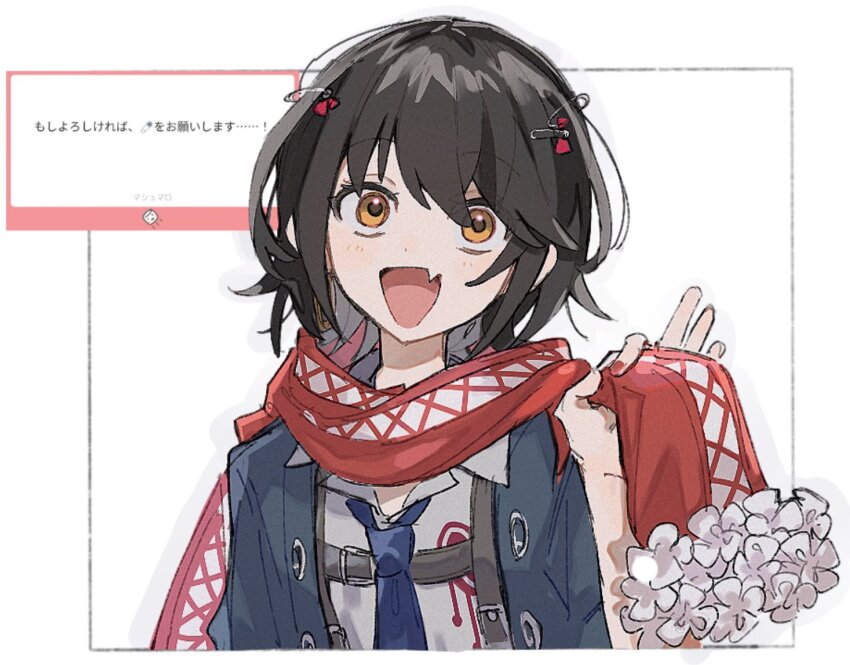 1boy :d androgynous black_hair blue_coat blue_necktie brown_eyes chest_harness coat collared_shirt commentary_request fang fingernails flower_trim hair_between_eyes hair_ornament hand_up harness looking_at_viewer male_focus marshmallow_(site) mashiro_meme mashiro_meme_(1st_costume) nail_polish necktie nijisanji open_clothes open_coat open_mouth red_nails red_scarf request_inset safety_pin scarf shirt short_hair sidelocks simple_background skin_fang smile solo upper_body virtual_youtuber vumakuike white_background white_shirt