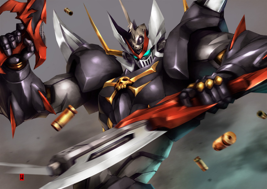 blue_eyes bullet clenched_hand dual_wielding glowing glowing_eyes gun harymachinegun highres holding holding_gun holding_weapon mazinger_(series) mazinkaiser mazinkaiser_skl mazinkaiser_skl_(mecha) mecha no_humans rifle robot science_fiction shell_casing skull super_robot v-fin visor weapon