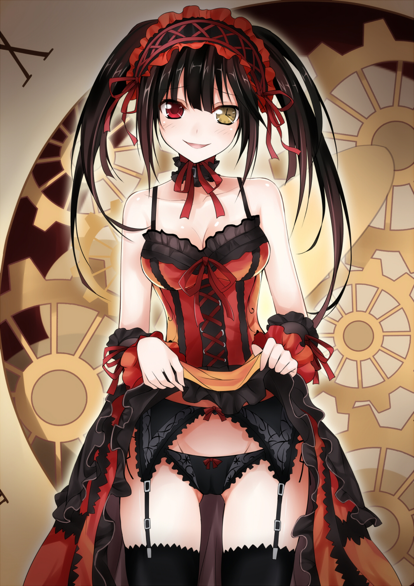 10s 1girl bare_shoulders black_panties black_thighhighs blush bow bow_panties breasts choker cleavage clock_eyes clothes_lift date_a_live dress dress_lift female_focus garter_belt garter_straps gears hairband heterochromia highres lolita_fashion lolita_hairband long_hair looking_at_viewer panties pantyshot qiuzhi_huiyi red_eyes side-tie_panties smile solo symbol-shaped_pupils thighhighs tokisaki_kurumi twintails underwear wrist_cuffs yellow_eyes