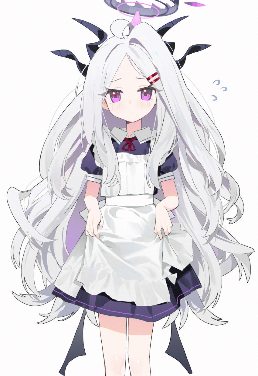 1girl absurdres alternate_costume apron blue_archive enmaided hair_ornament hairclip halo hashtag-only_commentary highres hina_(blue_archive) horns long_hair maid measho purple_eyes purple_halo simple_background solo white_apron white_background