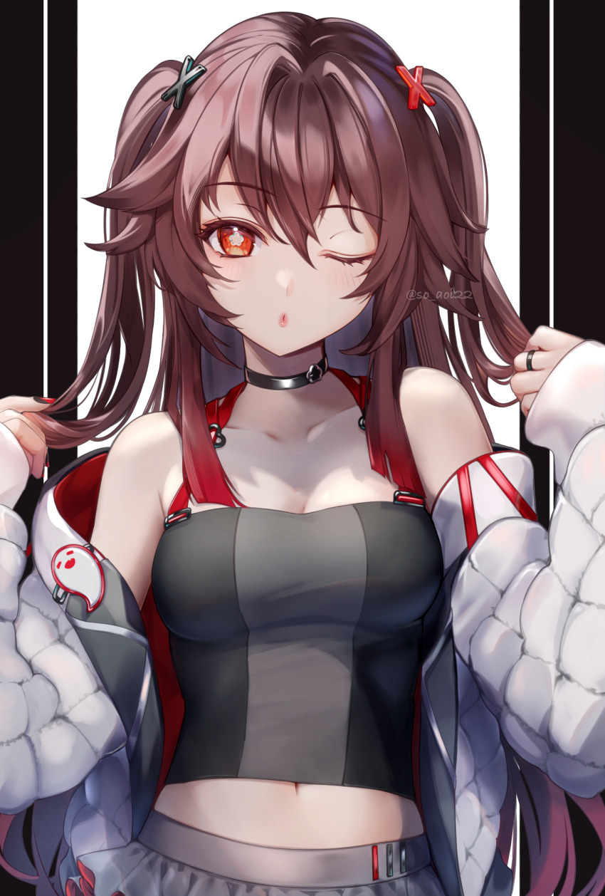 1girl alternate_costume artist_name asahi_(vjss4548) bare_shoulders black_choker black_nails boo_tao_(genshin_impact) brown_hair choker collarbone colored_tips commentary_request crop_top genshin_impact grey_skirt hair_ornament hands_up highres hu_tao_(genshin_impact) jacket jewelry long_hair long_sleeves looking_at_viewer multicolored_hair multicolored_nails off_shoulder one_eye_closed open_clothes open_jacket red_eyes red_hair red_nails ring skirt solo twintails upper_body very_long_hair white_jacket x_hair_ornament