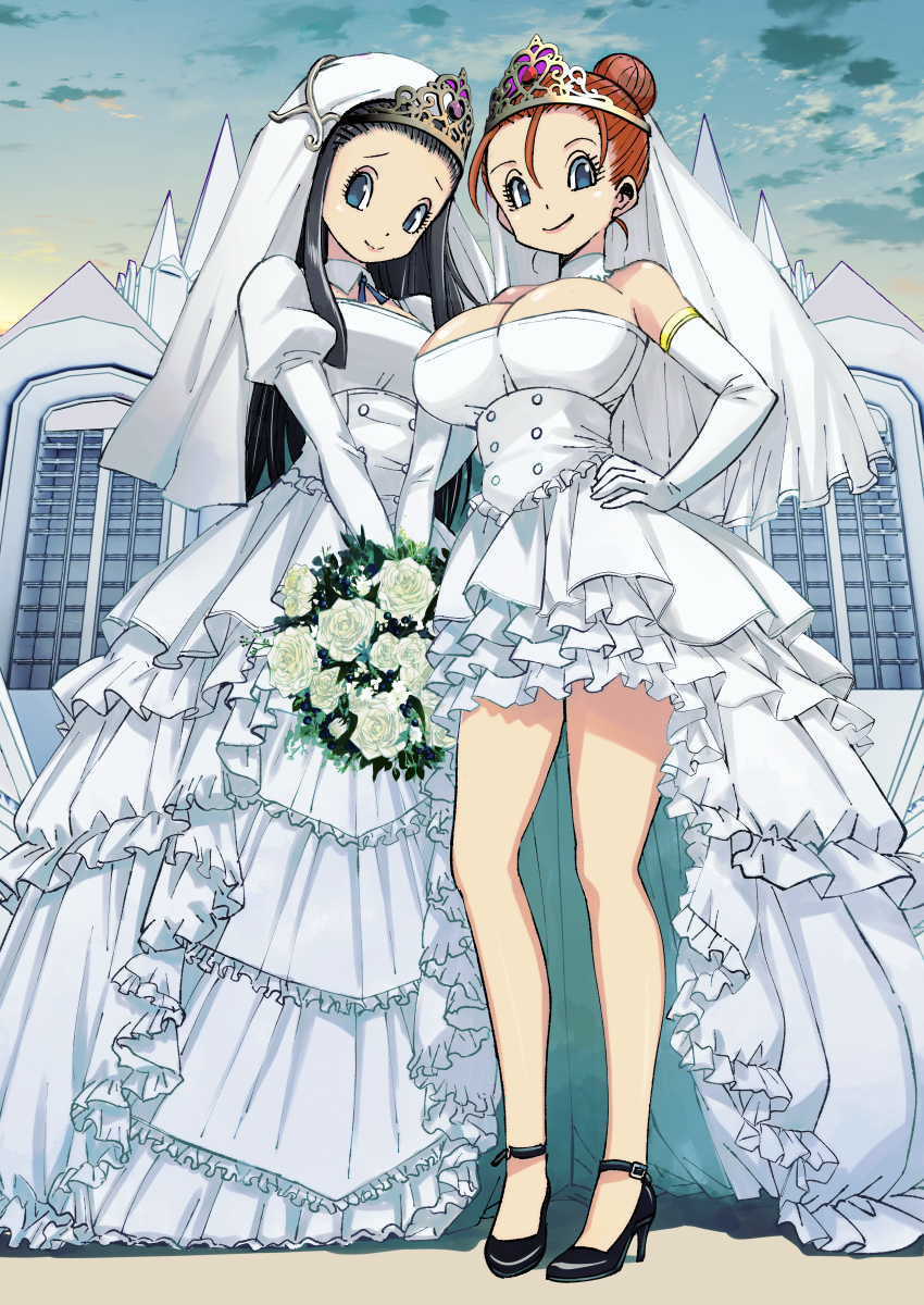 2girls absurdres black_hair black_shoes blue_eyes blue_ribbon bouquet breasts bridal_veil bride brown_hair church cleavage cloud detached_collar dragon_quest dragon_quest_viii dress flower gloves hair_bun hand_on_own_hip heart high_heels highres holding holding_bouquet jessica_albert large_breasts long_hair long_sleeves looking_at_viewer medea_(dq8) multiple_girls muramasa_mikado neck_ribbon princess puffy_sleeves ribbon rose shoes sky smile square_enix standing strapless strapless_dress tiara veil wedding_dress white_dress white_flower white_gloves white_rose