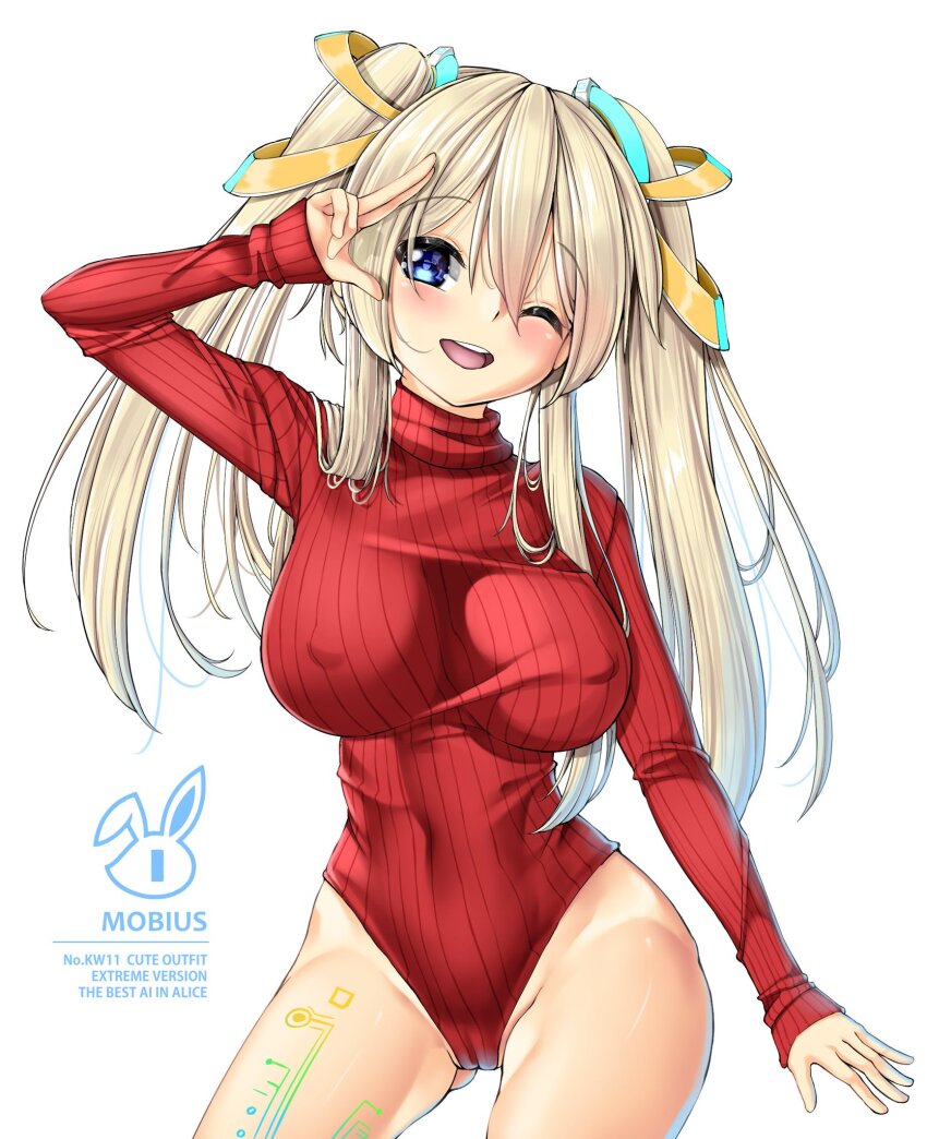 1girl arm_up blonde_hair blue_eyes breasts cameltoe circuit_board_print covered_erect_nipples crash_fever english_text groin hair_between_eyes hair_ornament hair_over_shoulder highres kaedeno_yuu large_breasts leg_tattoo leotard mobius_(crash_fever) one_eye_closed open_mouth red_leotard smile solo tattoo teeth thighs twintails upper_teeth_only w white_background wink