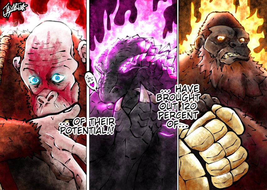 aura b.e.a.s.t._glove bald beard blood blue_eyes bone bone_weapon bone_whip crossover electroshock_weapon energy english_text facepaint facial_hair gauntlets giant giant_monster glowing glowing_eyes godzilla godzilla_(monsterverse) godzilla_(series) godzilla_evolved godzilla_x_kong:_the_new_empire highres itadori_yuuji jamoart jujutsu_kaisen kaiju king_kong king_kong_(series) kong_(monsterverse) legendary_pictures mahito_(jujutsu_kaisen) monster monsterverse no_pupils parody pink_eyes scar scar_across_eye scar_on_face skar_king spine toho toudou_aoi_(jujutsu_kaisen) war_paint weapon whip whip_sword whipslash yellow_eyes