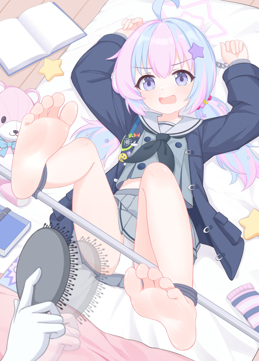1girl 1other arms_up barefoot black_neckerchief blue_archive blue_coat blue_hair chinese_commentary coat commentary_request cropped_shirt eugenecolin full_body grey_shirt grey_skirt hair_brush hair_ornament halo highres holding holding_hair_brush indoors large_variant_set legs_up loli long_sleeves lying midriff_peek miniskirt neckerchief on_back open_clothes open_coat open_mouth panties pink_hair pink_halo pleated_skirt purple_eyes reisa_(blue_archive) restrained sailor_collar shirt skirt socks soles spreader_bar star_(symbol) star_hair_ornament star_halo striped_clothes striped_socks stuffed_animal stuffed_toy teddy_bear toes twintails underwear unworn_socks variant_set white_panties white_sailor_collar