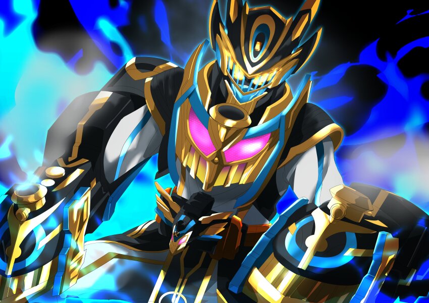1boy absurdres armor aura black_armor blue_fire bodysuit fiery_background fire gauntlets gloves glowing glowing_eyes gold_trim gotcha_driver highres kamen_rider kamen_rider_gotchard kamen_rider_gotchard_(series) kamen_rider_iron_gotchard living_clothes locomotive loincloth miyabi_(037) outstretched_arms power_armor purple_eyes rider_belt spread_arms steam steam_locomotive tenliner tokusatsu white_bodysuit yellow_eyes