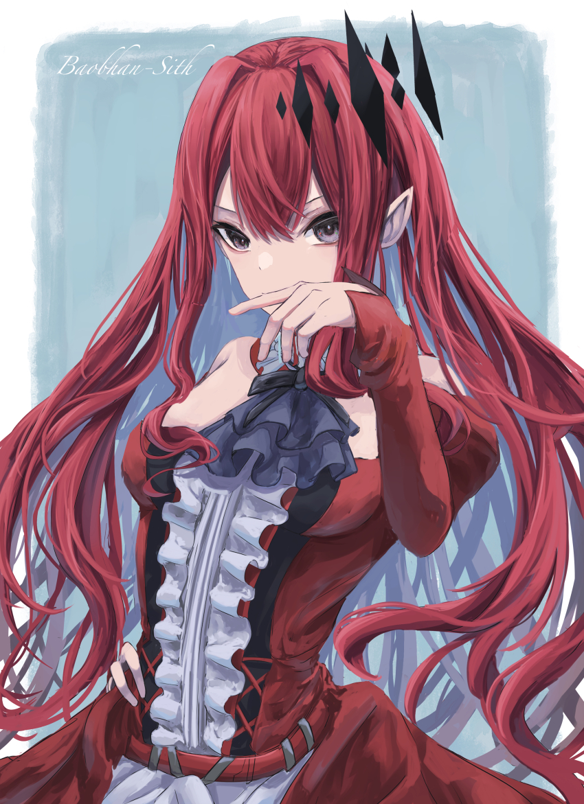 1girl absurdres baobhan_sith_(fate) baobhan_sith_(first_ascension)_(fate) bare_shoulders blue_background border breasts character_name detached_sleeves dress fate/grand_order fate_(series) frilled_dress frills grey_eyes hair_ornament hand_on_own_hip hand_up highres long_hair long_sleeves looking_at_viewer pointy_ears red_dress red_hair redrawn sidelocks solo white_border yagi_(yagi5art)