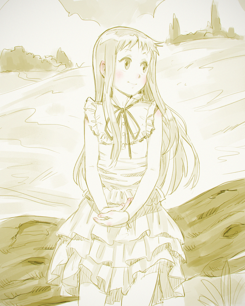 1girl ano_hi_mita_hana_no_namae_wo_bokutachi_wa_mada_shiranai. blush bracelet child cloud dress grass honma_meiko idfer jewelry log long_hair looking_to_the_side monochrome neck_ribbon ribbon sitting sky sleeveless sleeveless_dress smile