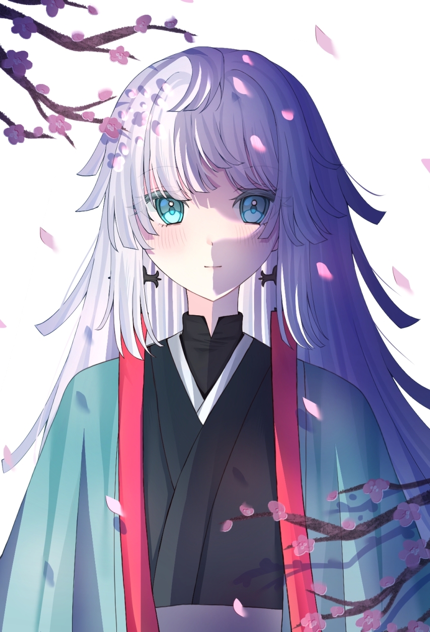 1girl blue_eyes blush branch earrings falling_petals fate/grand_order fate/samurai_remnant fate_(series) flower hair_down highres japanese_clothes jewelry kimono long_hair looking_at_viewer petals sidelocks solo upper_body white_background white_hair yanyuyu80068 yui_shousetsu_(fate) yui_shousetsu_(second_ascension)_(fate)