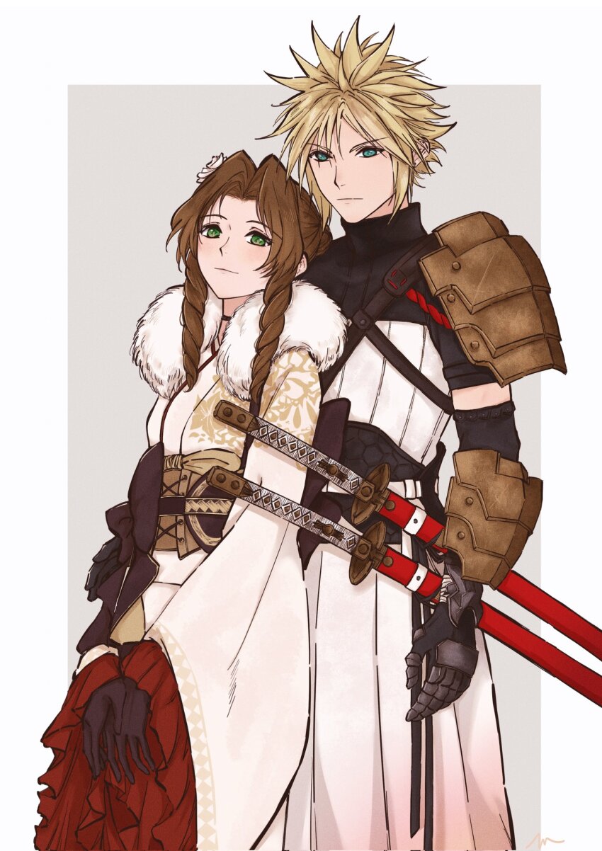 1boy 1girl aerith_gainsborough aerith_gainsborough_(festive_crimson_attire) armor armored_gloves black_bow black_gloves blonde_hair blue_eyes bow breasts brown_gloves brown_hair choker cloud_strife cloud_strife_(new_year&#039;s_battle_garb) couple cowboy_shot elbow_gloves final_fantasy final_fantasy_vii final_fantasy_vii_ever_crisis floral_print floral_print_kimono flower frilled_kimono frilled_sleeves frills fur-trimmed_kimono fur_trim furisode gloves gold_armor gold_trim green_eyes hair_between_eyes hair_flower hair_ornament hetero highres japanese_armor japanese_clothes katana kayu0315 kimono light_blush light_smile long_hair medium_breasts multiple_swords obi official_alternate_costume parted_bangs print_kimono red_sleeves sash short_hair sidelocks spiked_hair sword v_arms weapon white_flower white_fur white_kimono