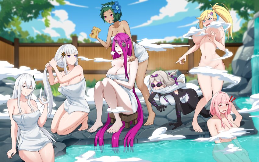 6+girls absurdres aged_up angry bathhouse blonde_hair blue_eyes blue_sky blush breasts brown_eyes carmilla_(re:zero) cloud convenient_censoring daphne_(re:zero) drying drying_hair echidna_(re:zero) feet fence flower goggles green_hair grey_hair hair_between_eyes hair_flower hair_ornament hair_over_one_eye highres jewelry large_breasts leaves long_hair medium_breasts meowdeer minerva_(re:zero) multiple_girls on_floor onsen pink_eyes pink_hair ponytail pool poolside purple_eyes purple_hair re:zero_kara_hajimeru_isekai_seikatsu red_eyes rock satella_(re:zero) sekhmet_(re:zero) sharp_teeth short_hair side_ponytail sitting size_difference sky smile steam steam_censor teeth thick_thighs thighs towel towel_around_waist tree typhon_(re:zero) water wet white_hair wide_hips witch