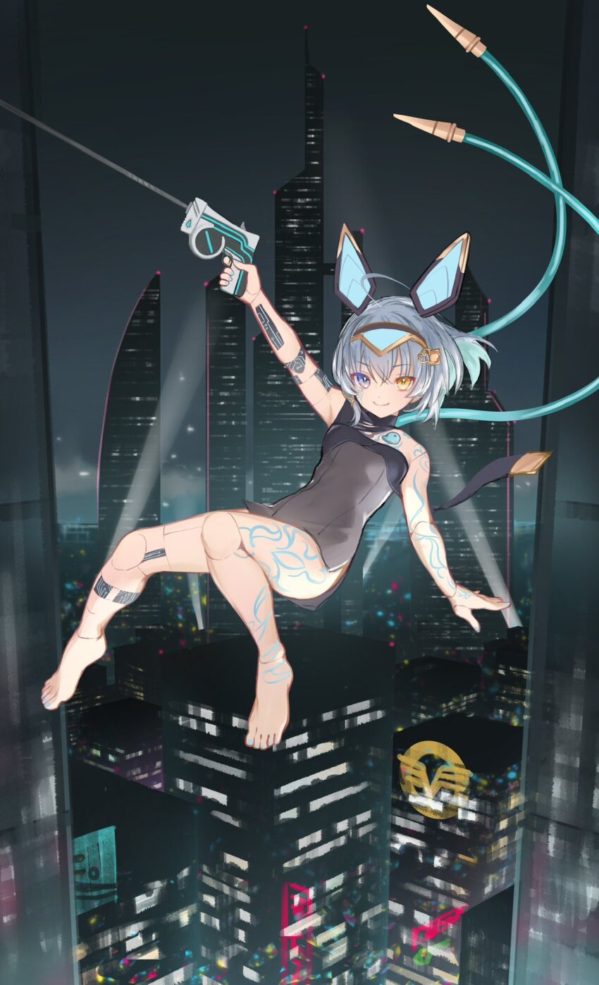 1girl ahoge barefoot blue_hair city cyborg full_body grapple_gun heterochromia highres indie_virtual_youtuber light_blue_hair looking_at_viewer nabana_saute sayu_sincronisity sayu_sincronisity_(1st_costume) smile swinging virtual_youtuber