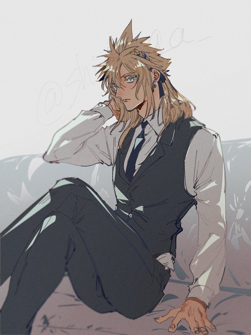 1boy alternate_costume alternate_hair_length alternate_hairstyle aqua_eyes black_necktie black_pants black_vest blonde_hair closed_mouth cloud_strife collared_shirt couch crossed_legs earrings feet_out_of_frame final_fantasy final_fantasy_vii hair_between_eyes hairband hand_in_own_hair highres jewelry male_focus necktie pants shio_ga shirt single_earring sitting solo spiked_hair vest waistcoat white_shirt