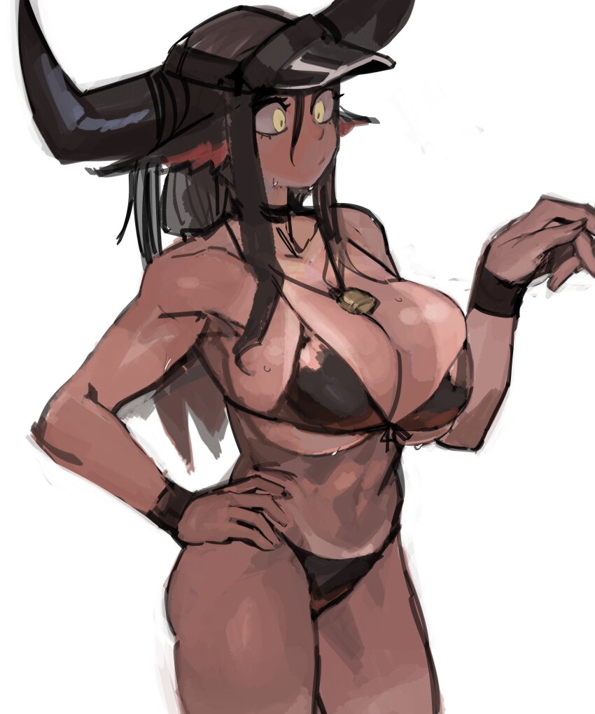 1girl 33dot absurdres bell bikini_tan breasts brown_hair cleavage cow_girl cowbell cowboy_shot hand_on_own_hip hand_up highres jewelry large_breasts large_horns long_hair navel neck_bell necklace original ox-chan_(33dot) ox_ears ox_girl ox_horns solo sweat tan tanline visor_cap wristband yellow_eyes