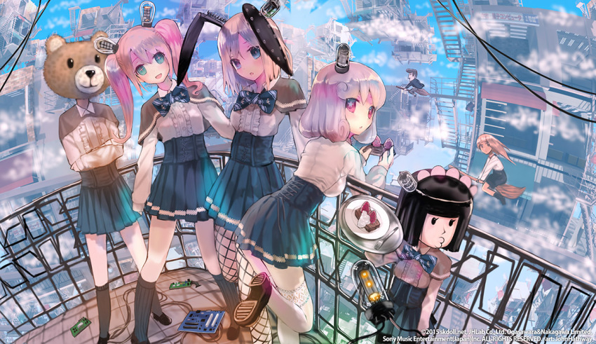 +_+ 1boy 6+girls :d animal_ears aqua_eyes artist_name black_socks blonde_hair blue_eyes bob_cut bow bowtie broom broom_riding building cable capelet cloud company_name corset cream crossed_arms day dessert fake_animal_ears fishnets food fork fruit hair_ornament john_hathway kneehighs lace lace-trimmed_legwear lace_trim long_sleeves looking_at_viewer looking_back mask multiple_girls open_mouth original pantyhose parted_bangs pink_eyes pink_hair plate pleated_skirt rabbit_ears railing school_uniform shirt short_hair skirt smile socks stairs standing standing_on_one_leg star-shaped_pupils star_(symbol) strawberry symbol-shaped_pupils thighhighs twintails vacuum_tube watermark white_legwear white_shirt