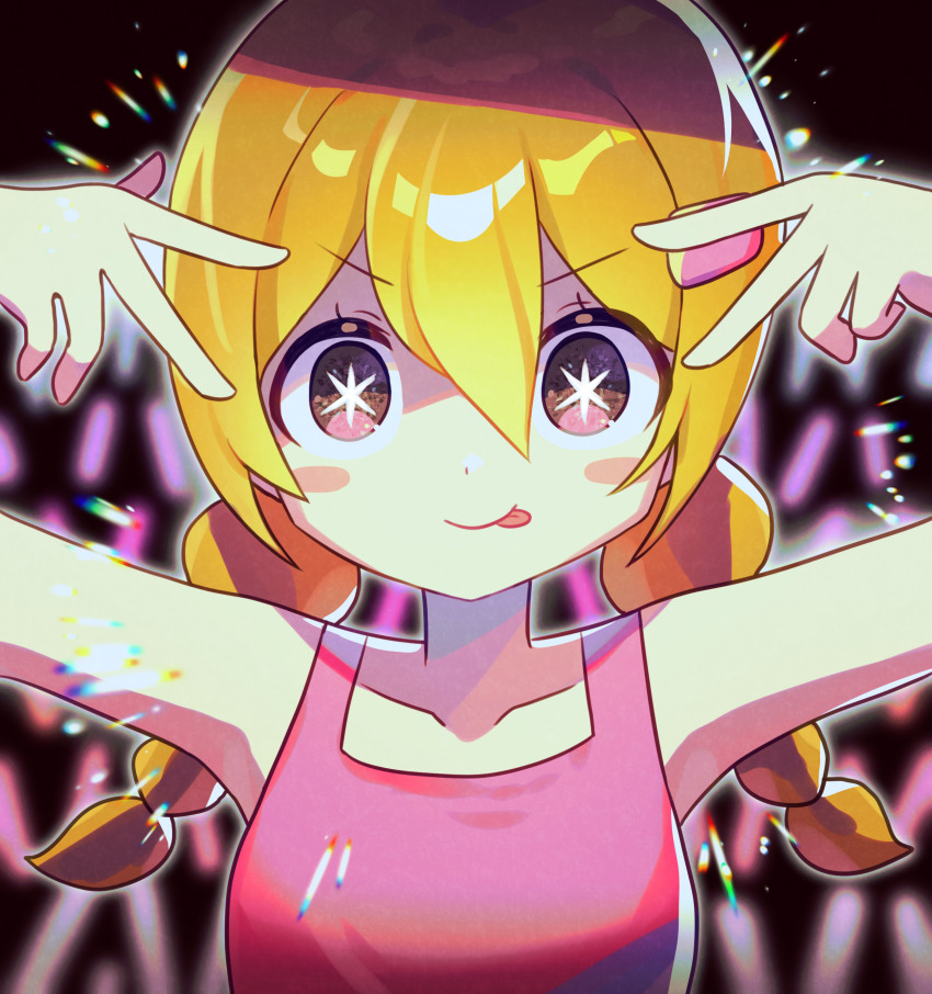 1girl :p absurdres armpits blush closed_mouth hair_ornament hairclip hands_up highres hoshino_ai&#039;s_pose idol_(rhythm_tengoku) long_hair looking_at_viewer low_twintails offbeat oshi_no_ko parted_bangs rhythm_tengoku sleeveless smile solo sparkle sparkling_eyes tongue tongue_out twintails v