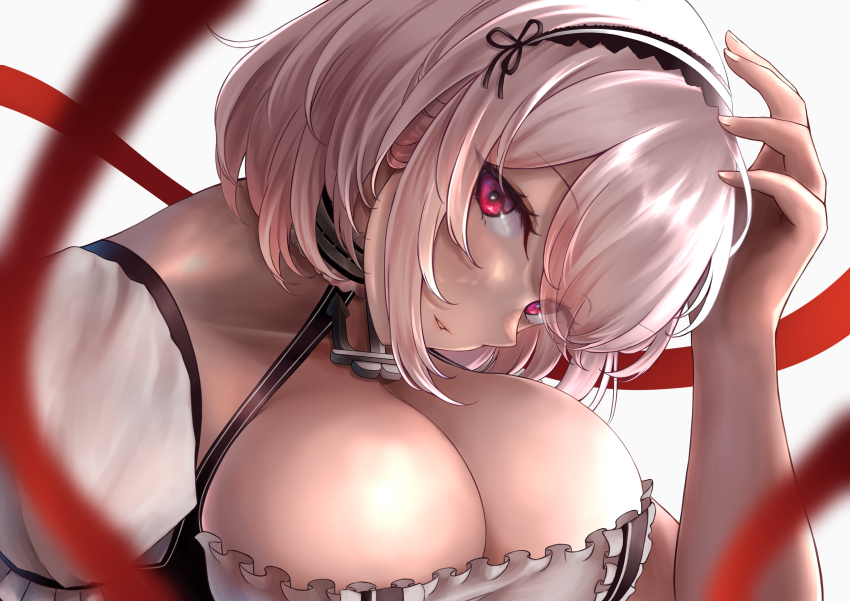 absurdres azur_lane breasts choker cleavage grey_hair hand_on_own_head highres large_breasts looking_at_viewer maid maid_headdress numaguro_(tomokun0808) parted_lips puffy_sleeves red_eyes ribbon short_hair sirius_(azur_lane)