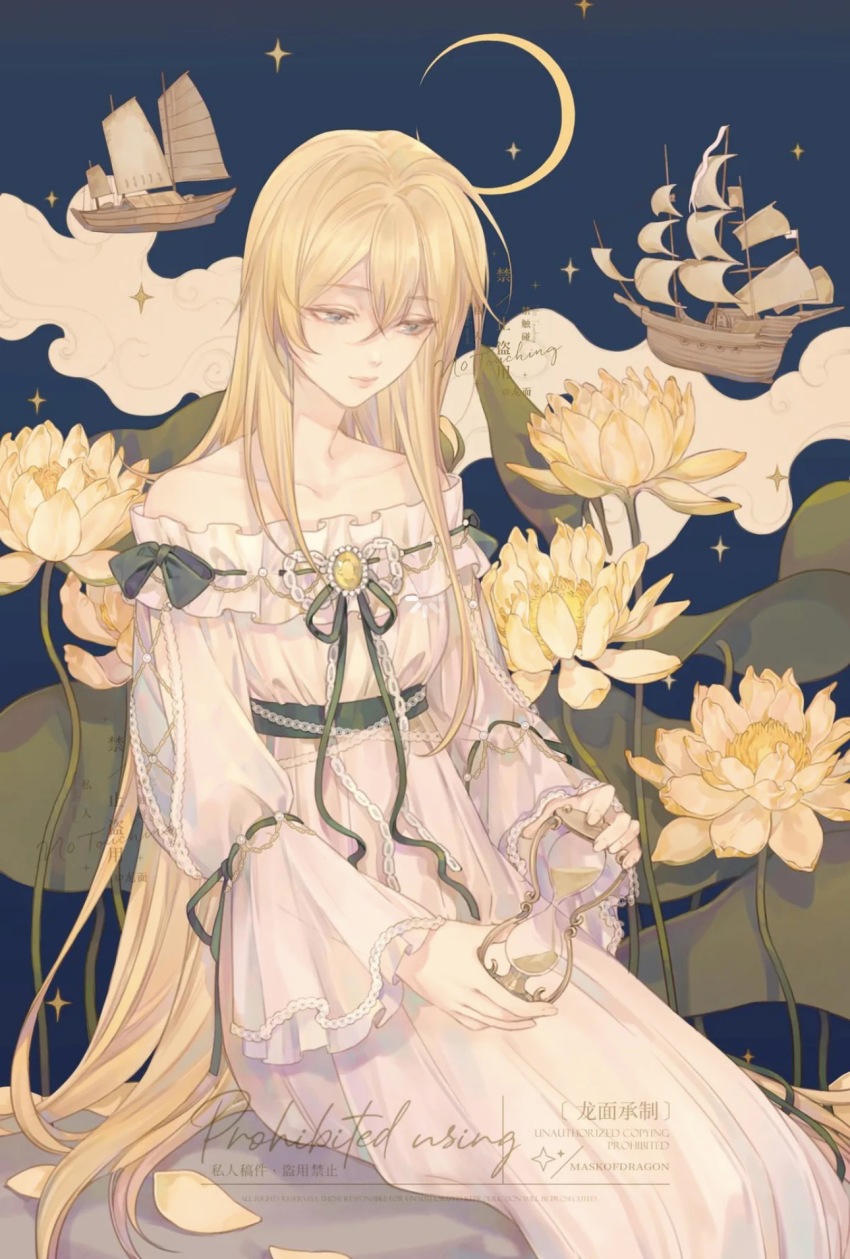 1girl blonde_hair collarbone commentary_request crescent_moon dress flower highres holding long_hair long_sleeves longmianbushilongxumian moon off_shoulder_dress original sitting solo very_long_hair watercraft white_dress