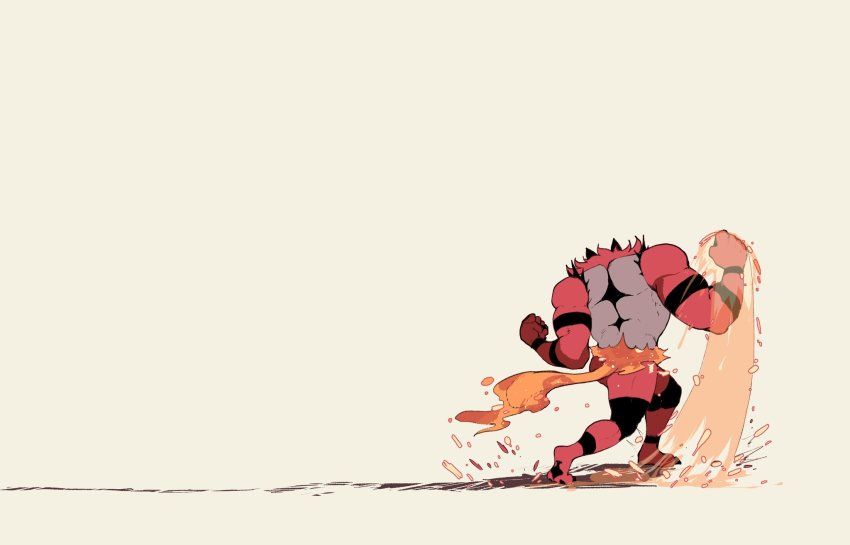1boy animal_ears cat_ears clenched_hands commentary english_commentary fire full_body gen_7_pokemon guilty_gear guilty_gear_strive highres incineroar muscular muscular_male nintendo nyantcha pokemon pokemon_(creature) punching red_fur solo twisted_torso uppercut volcanic_viper