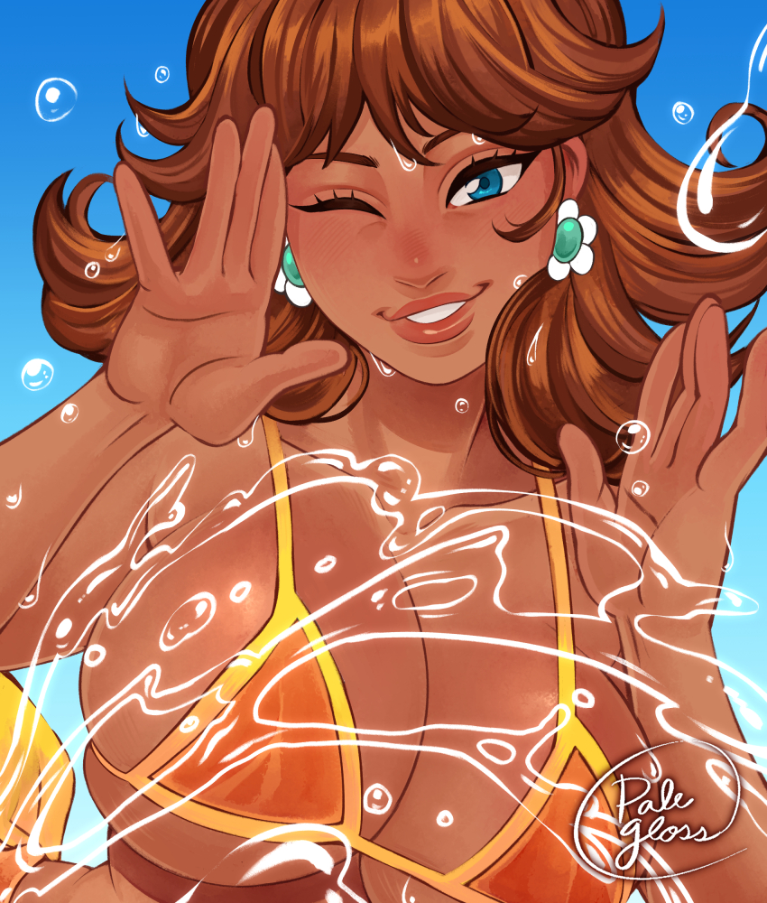 1girl absurdres bad_tag bikini blue_background blue_eyes blue_sky breasts brown_hair cleavage close-up curvy dark-skinned_female dark_skin earrings eyelashes flower_earrings glosspale highres jewelry large_breasts long_hair looking_at_viewer mario_(series) nintendo one_eye_closed orange_bikini parted_lips princess princess_daisy signature sky smile splashing swimsuit tan upper_body water_droplets wink