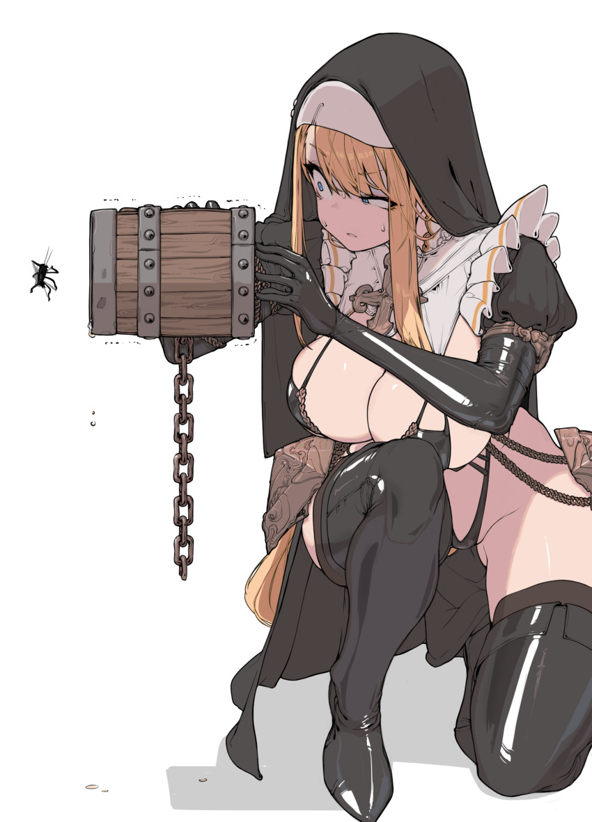 1girl absurdres black_boots black_gloves blonde_hair blue_eyes boots breasts bug cleavage cup gloves happening18 highres holding holding_cup kneeling large_breasts long_hair mug nun original parted_lips revealing_clothes simple_background solo sweatdrop thigh_boots trembling veil very_long_hair white_background