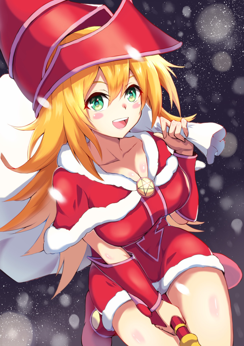 1girl :d alternate_costume asada_yo blonde_hair blush_stickers breasts capelet christmas cleavage collarbone commentary dark_magician_girl dress duel_monster green_eyes hair_between_eyes hat highres holding holding_sack long_hair looking_at_viewer open_mouth red_capelet red_dress red_footwear red_hat sack santa_costume santa_dress smile snowing solo staff staff_riding teeth upper_teeth_only wizard_hat yu-gi-oh!