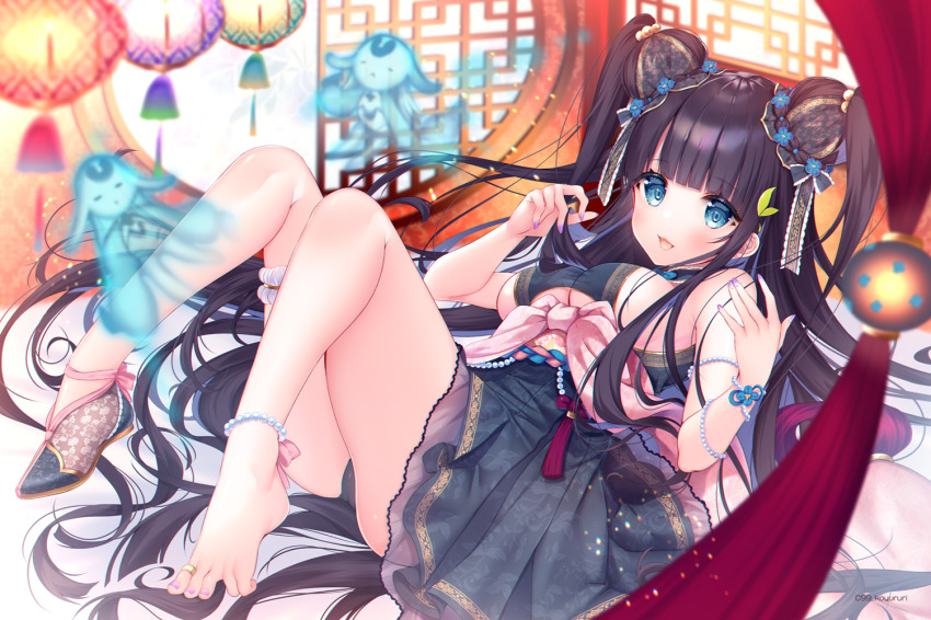 1girl anklet armlet bare_legs barefoot bead_anklet bead_bracelet beads black_panties blue_eyes blunt_bangs blush bracelet breasts bun_cover double_bun dress fate/grand_order fate_(series) feet frilled_thigh_strap full_body grey_dress hair_bun hair_ornament indoors jewelry knees_up ko_yu large_breasts leaf_hair_ornament leaf_print looking_at_viewer lying nail_polish on_back open_mouth panties print_dress purple_nails shoes single_shoe sleeveless sleeveless_dress smile solo thigh_strap toe_ring toenails toes two_side_up underwear yang_guifei_(fate)