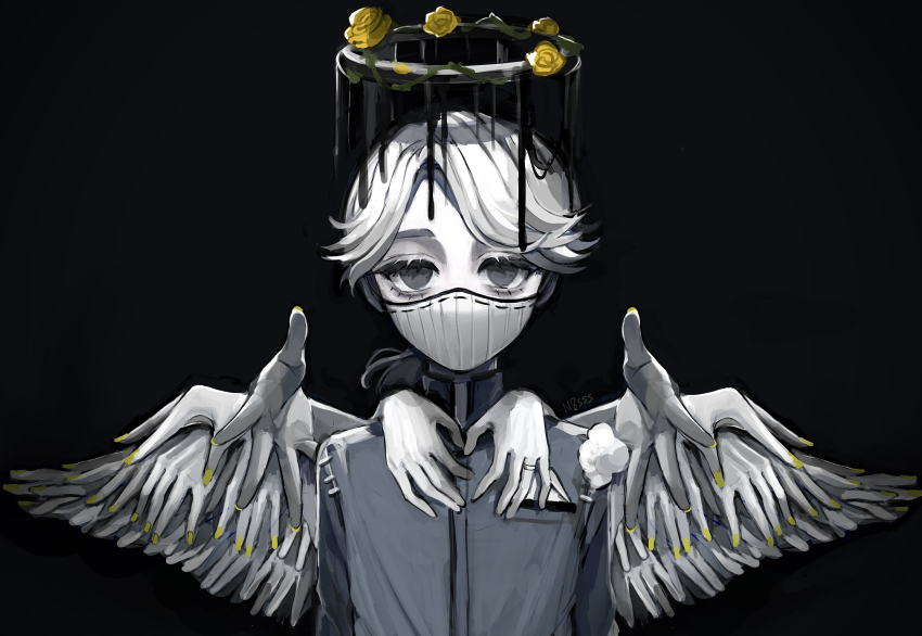 1boy absurdres aesop_carl artist_name black_background breast_pocket dripping empty_eyes flower grey_eyes halo highres hoge_(n8sss) identity_v jewelry male_focus mask medium_hair mouth_mask nail_polish outstretched_hand plant pocket ponytail ring rose simple_background solo stitches stuffing surgical_mask symbolism vines wedding_ring white_hair wings yellow_flower yellow_nails yellow_rose