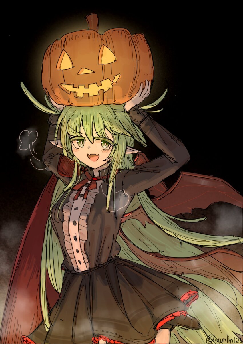 1girl :d black_jacket black_skirt black_souls black_souls_2 breasts buttons cape colored_eyelashes fangs frilled_jacket frilled_skirt frills green_eyes green_hair highres holding holding_pumpkin jack-o&#039;-lantern jacket leaf_(black_souls) leg_up long_hair medium_breasts open_mouth pointy_ears pumpkin red_cape shoes side_cape sidelocks skirt smile solo very_long_hair wings xun_lin_(pixiv_93392103)