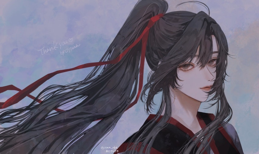 1boy ahoge artist_name bishounen black_hair black_hanfu brown_eyes chinese_clothes closed_mouth english_text eyelashes floating_hair hair_ribbon hanfu highres long_hair looking_at_viewer male_focus modao_zushi ojisan_rbt ponytail portrait red_ribbon ribbon sidelocks smile solo upper_body wei_wuxian wind