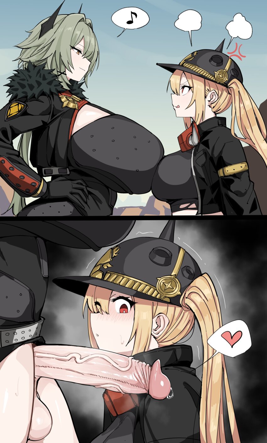 1futa 1girl :o absurdres blonde_hair bottomless breast_press breasts caesar_king_(zenless_zone_zero) clothed_sex erection futanari green_hair heart highres huge_breasts huge_penis long_hair looking_at_viewer luciana_de_montefio medium_breasts penis penis_awe ponytail red_eyes smile speech_bubble sweat testicles tongue tongue_out uncensored veins veiny_penis xipa zenless_zone_zero
