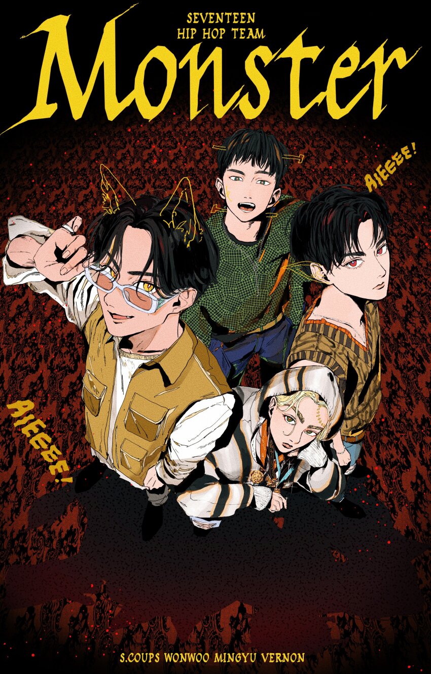 4boys absurdres artist_name black_hair blonde_hair from_above green_shirt hat highres jewelry k-pop kiastimiu looking_at_viewer male_focus mingyu multiple_boys open_mouth real_life red_eyes ring s.coups seventeen_(group) shirt short_hair smile song_name vernon_(seventeen) vest wonwoo yellow_eyes