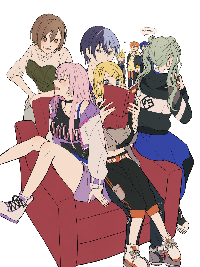 4boys 4girls absurdres aoyagi_touya armchair blonde_hair blue_hair blush book brown_hair chair choker commentary_request earrings girl_sandwich green_hair harem hatsune_miku hetero highres holding holding_book jacket jacket_over_hoodie jewelry kagamine_len kagamine_rin kaito_(vocaloid) long_hair looking_at_another megurine_luka meiko_(vocaloid) multicolored_hair multiple_boys multiple_girls mykisnk nail_polish open_mouth orange_hair pants pink_hair project_sekai reading sandwiched shinonome_akito shoes short_hair shorts sitting sitting_on_lap sitting_on_person smile sneakers speech_bubble split-color_hair translation_request twintails two-tone_hair vivid_bad_squad_len vivid_bad_squad_luka vivid_bad_squad_meiko vivid_bad_squad_miku vivid_bad_squad_rin vocaloid